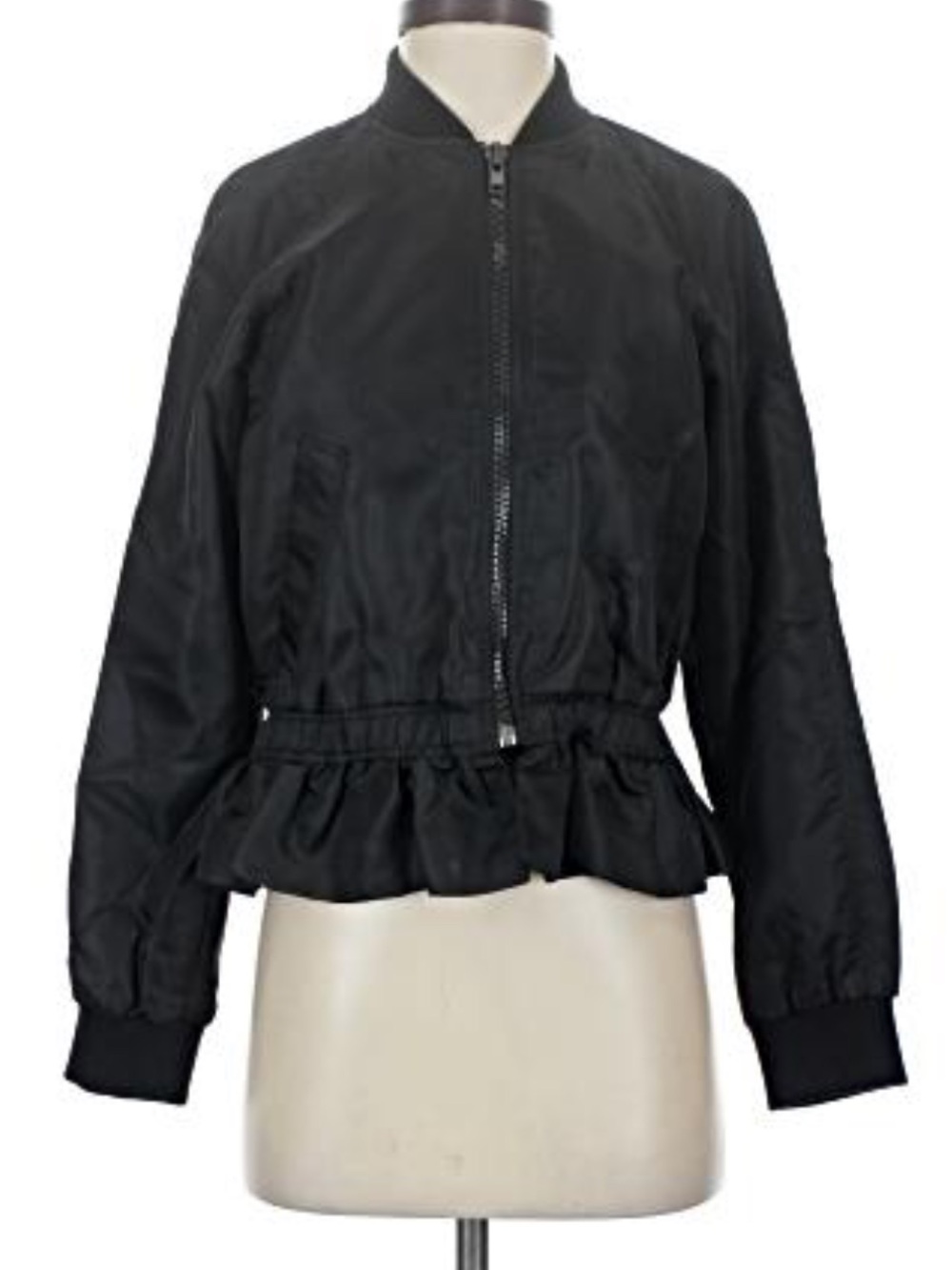 Frame Denim Black Ruffled-Hem Bomber Jacket